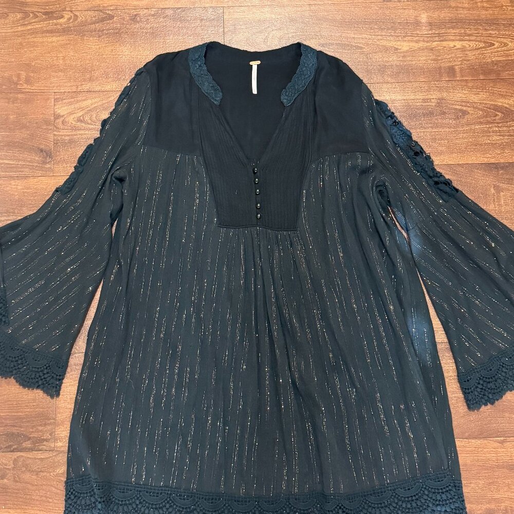 Free People Black Mini Dress Boho Sheer Sleeve Lace Trim Metallic Thread Shimmer